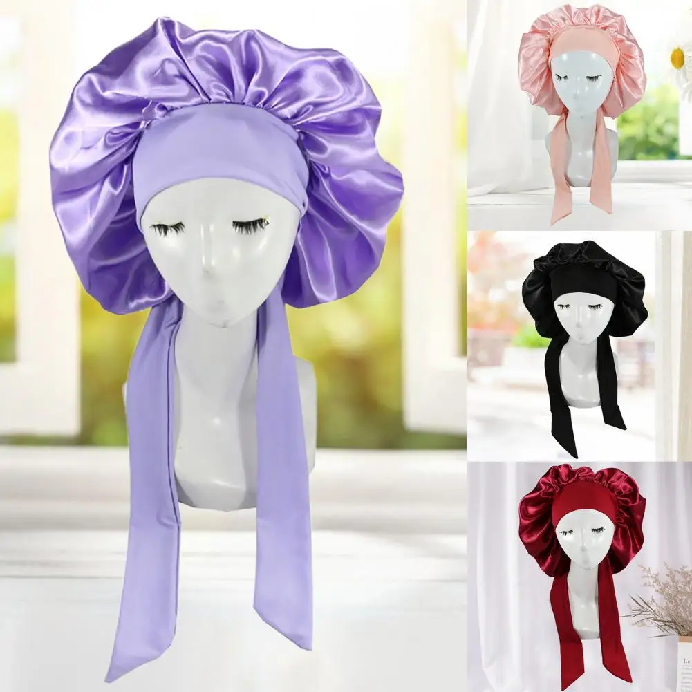 Hair Head Sweet Cap Scarf Lacing Head Cover Solid Color Faux Silk Satin Hair Bonnet Shower Hat Faux Silk Satin smile