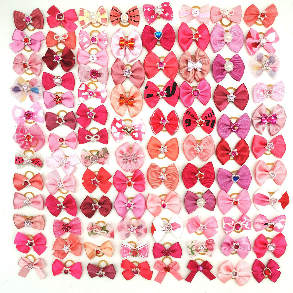100pcs/Lot Valentine's Day Rubber Bands Pet Grooming Bows Pink Rose Red For Girls Dog Hair Accessories