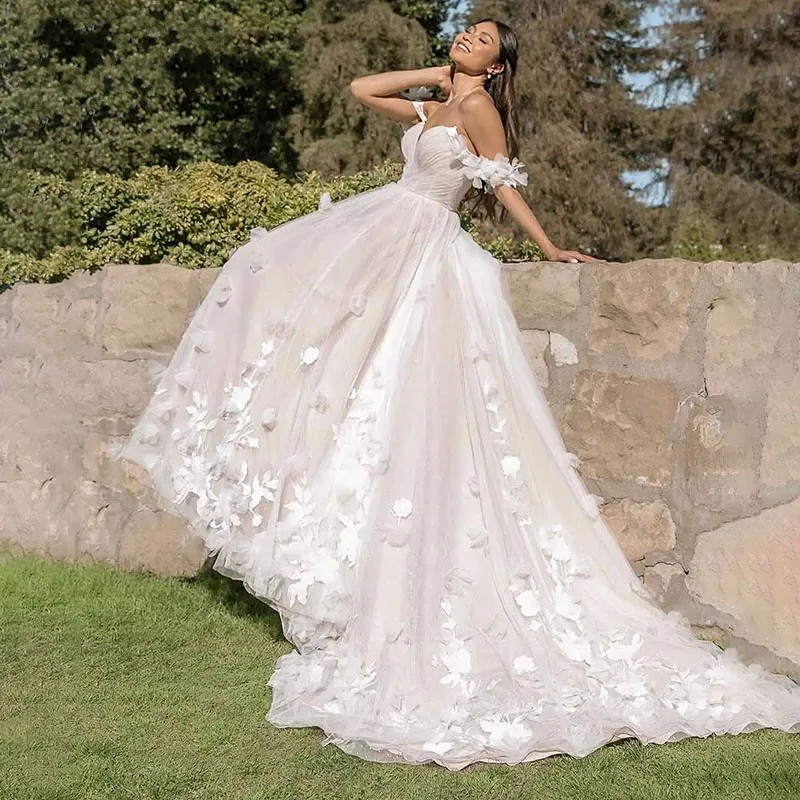 2024 New Princess Wedding Dress Off Shoulder 3D Flowers Tulle Lace Up A-Line Bridal Bride Gowns Vestido De Novia Robe De Mariage