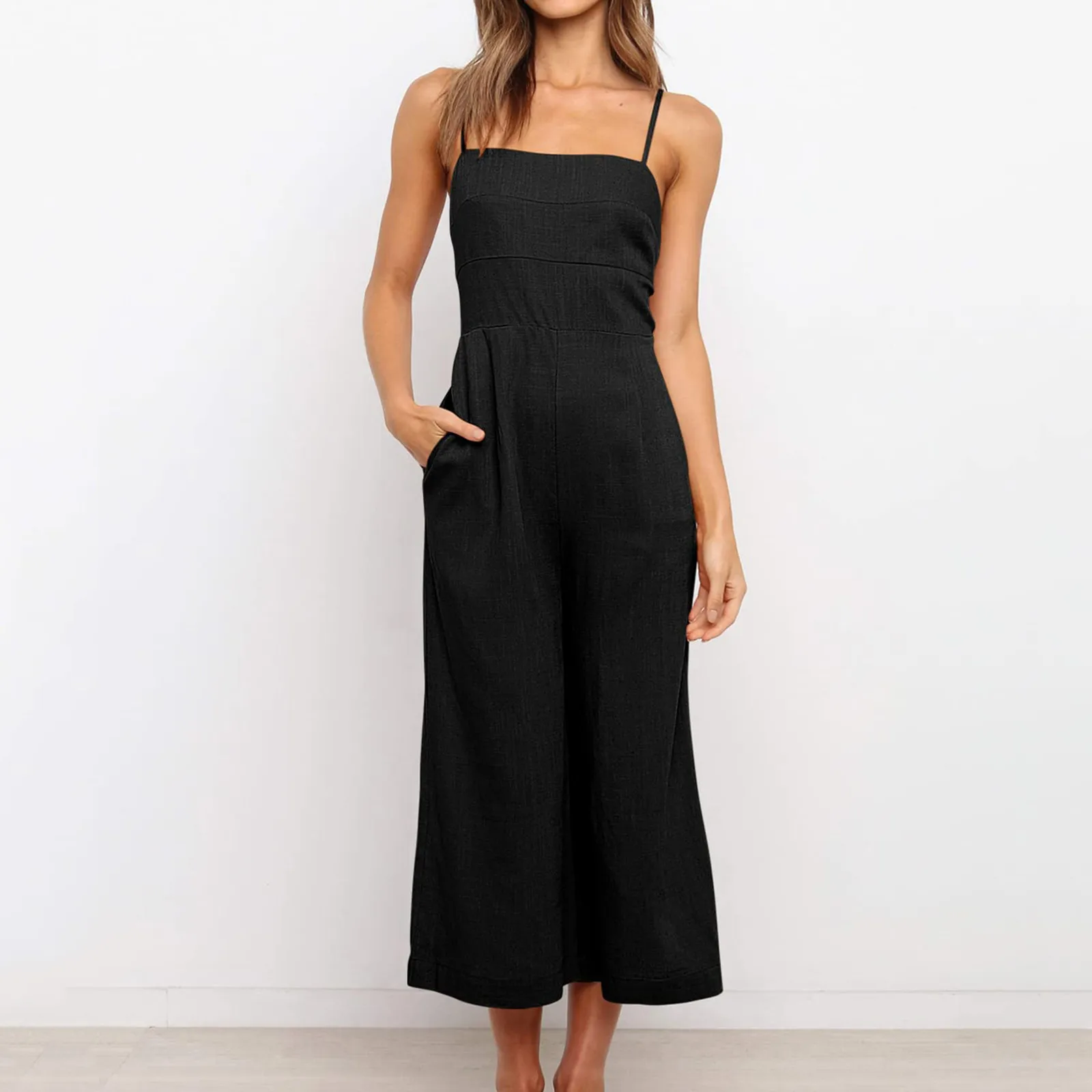 Summer 2024 Elegant Rompers Sexy Soild Backles Sling Top Jumpsuits Women Strap Wide Leg Playsuits Casual V-neck Overall Bodysuit smile