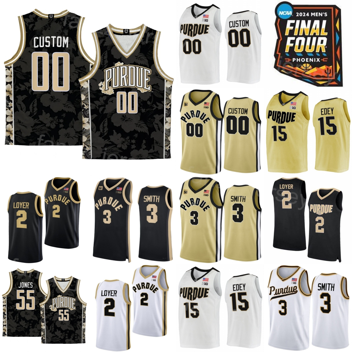 Purdue Boilermakers College 2024 Final Four 15 Zach Edey Jersey Basketball 3 Braden Smith 55 Lance Jones 5 Myles Colvin 2 Fletcher Loyer 23 Camden Heide Men Kids Women