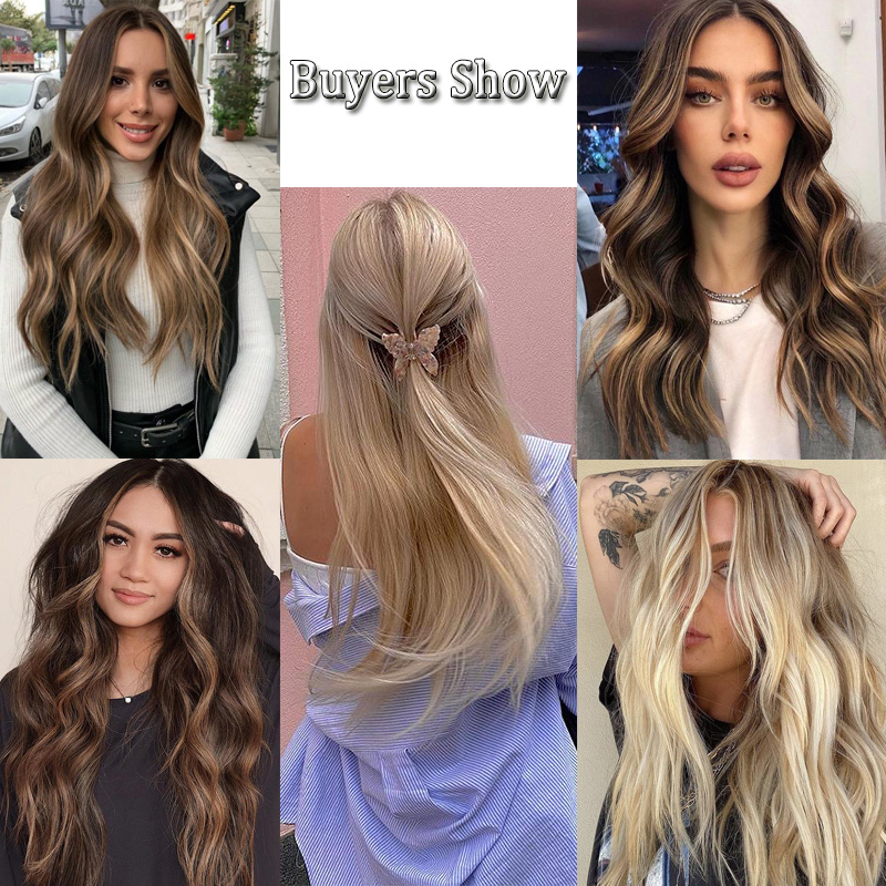 Fish Line Human Hair Extensions Invisible Wire Highlight Ombre Hair Extensions Honey Blonde Piece Hair With Natural On Clips
