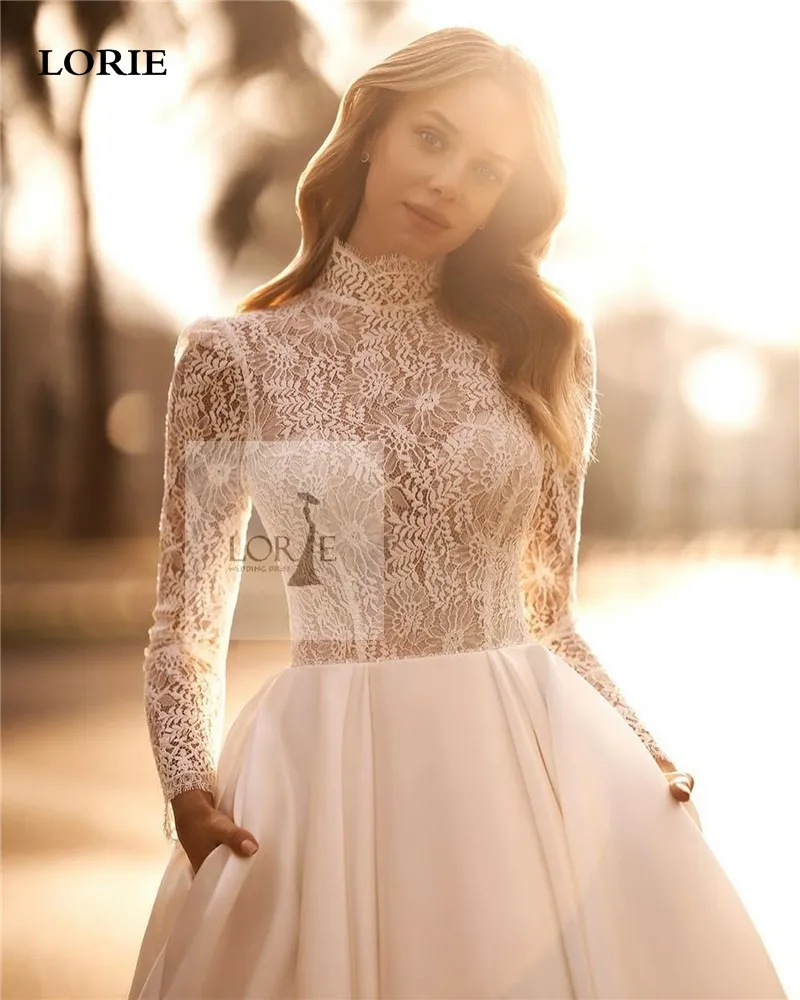 Long LORIE Sleeve Mulslim Wedding Dresses A Line High Neck Lace Bridal Gown Elegant Floor Length Wedding Bride Dresses 2023 smile
