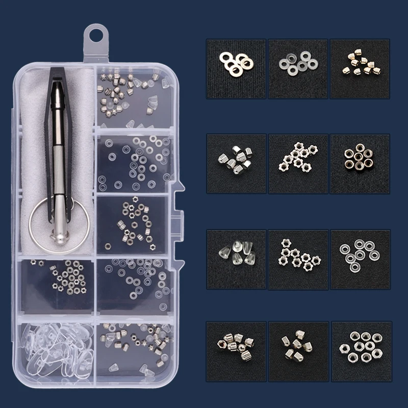 Glasses Sunglasses Eye Glass Repair Kit Screws Nuts Pads Screwdrivers Tweezer for Sunglasses, Watch, Jewelry Fixing