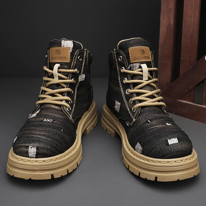 Boots Denim Top High Retro British Style Work Boots Men Motorcycle Boots Winter Leather Shoes Military Boots smile