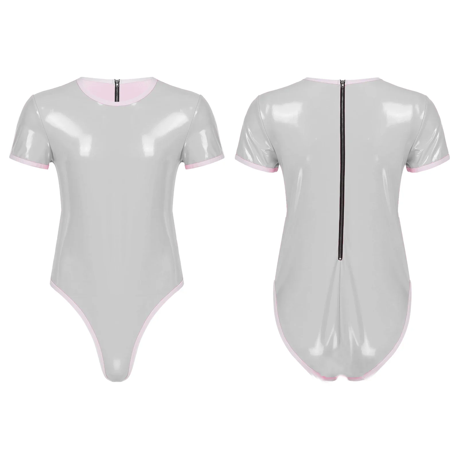 Bodysuit Lingerie Bondage Sexy Short Sleeve Round Neck Faux Leather Catsuit Back Zip Jumpsuit Sex Sheath Tight Clubwear S-7XL smile