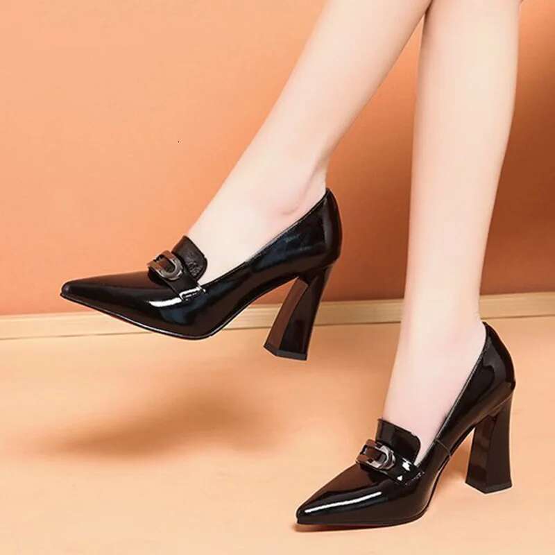 High Heels Dress Pointed Toe Woman Pumps Black Patent Leather Chain Slip on Square Heel atos Mujer ery Shoes Women