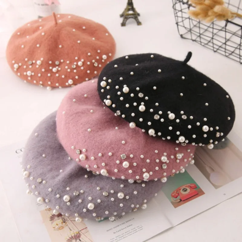 ddmysmile Pearl New Beret Women Hat Solid Color Vintage Cashmere Female Flat Hats Retro French Artist Berets Caps Autumn Winter Wool Cap Smile