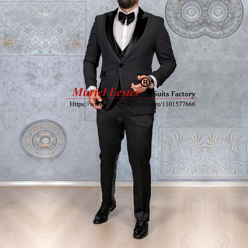 Black Suits Men Peaked Lapel Blazer Vest Pants 3 Pieces Plus Size Man Wedding Tuxedo Tailore-Made Single Breasted Jacket Latest smile