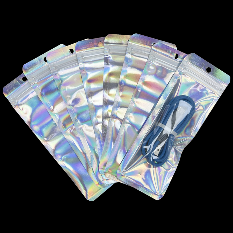 100pc Holographic Mylar Pouch Clear Window Long Laser Foil Pen Bag Retail Packaging Ziplock Makeup Brush Bags For Small Business