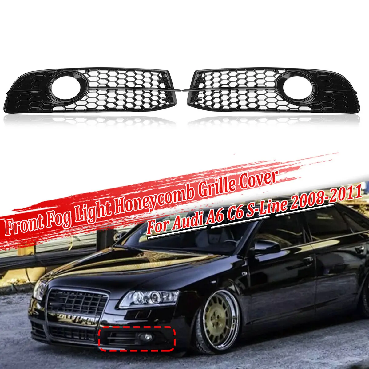 For Audi A6 C6 S-Line S-Facelifted 2008 2009 2010 2011 Car Front Bumper Fog Light Grille Honeycomb Hex Fog Lamp Racing Grill