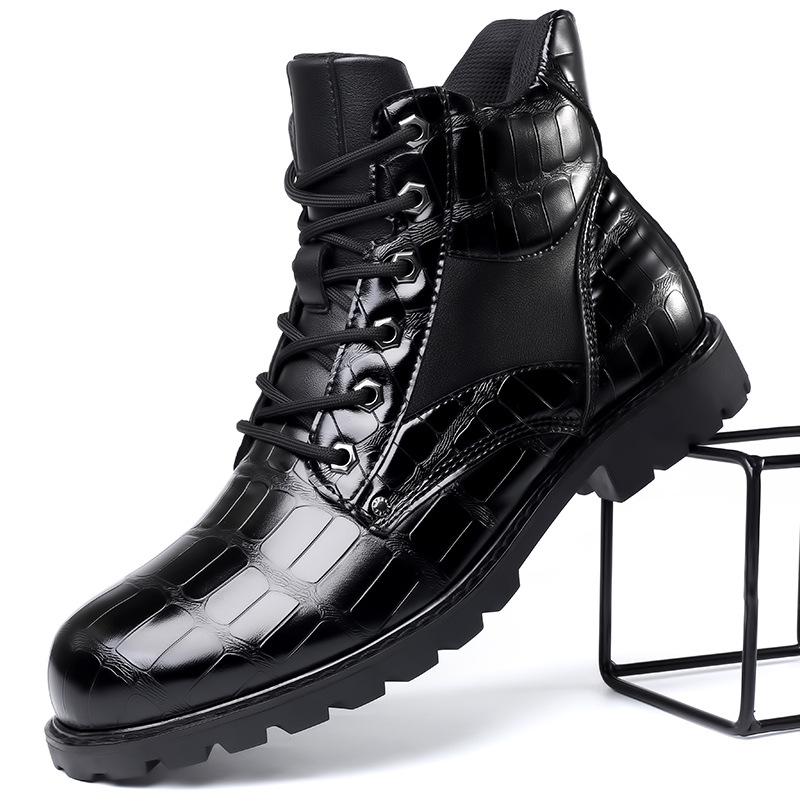 2024 retro imitation crocodile leather shoes, fashionable men's mid top boots, Martin boots