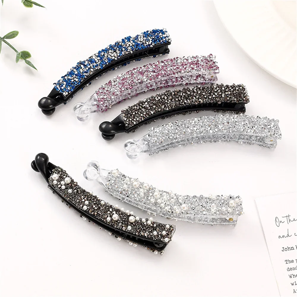 Rhinestone Crystal Banana Hair Clips Women Girls Pearl Fish Shaped Barrettes Ponytail Holer Claws Grips Clamp Hair Accessories