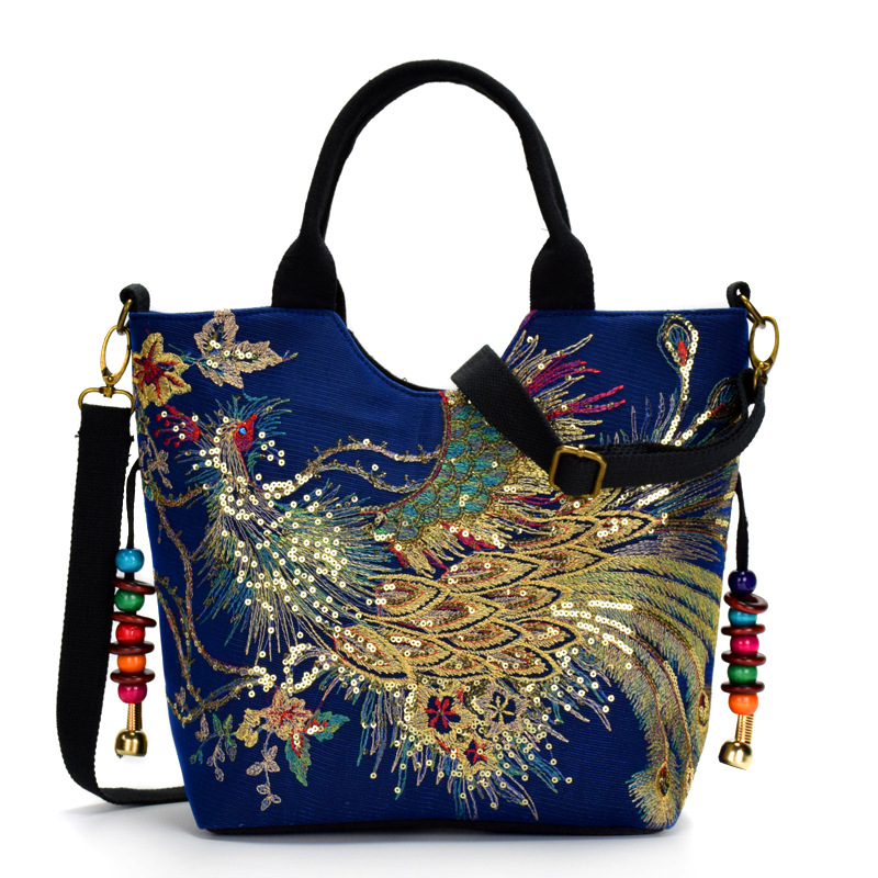 Veowalk Shiny Sequins Peacock Embroidered Women Canvas Totes Bag, Summer Shopping Shoulder Bag Vintage Beaded String Handbag