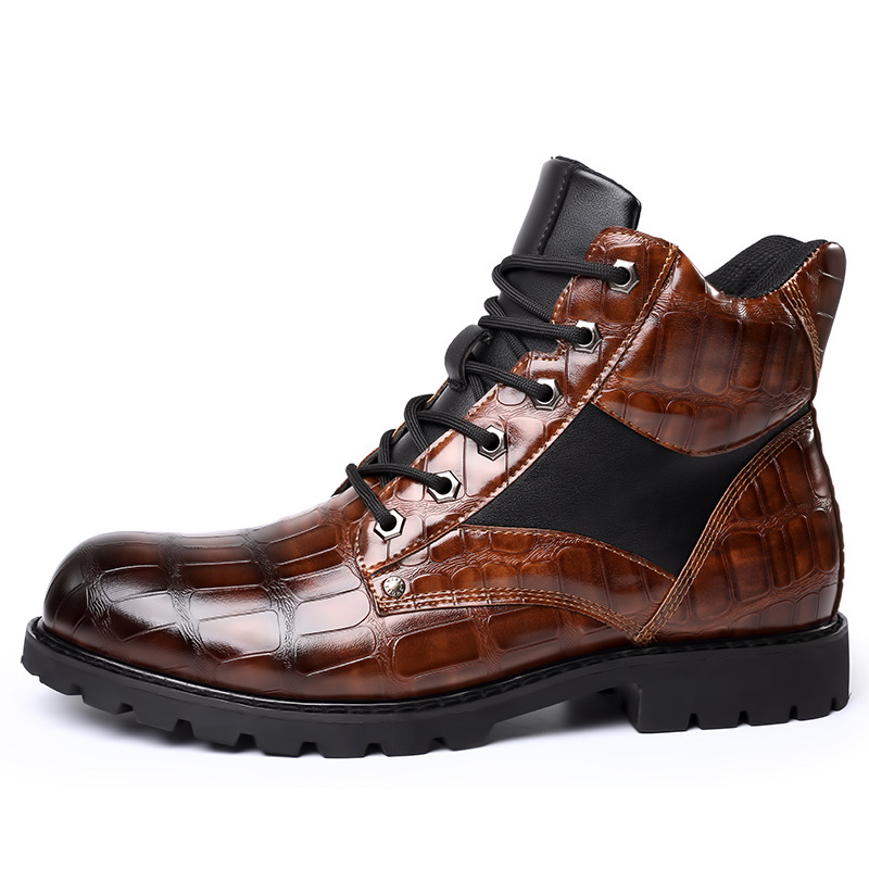 2024 retro imitation crocodile leather shoes, fashionable men's mid top boots, Martin boots