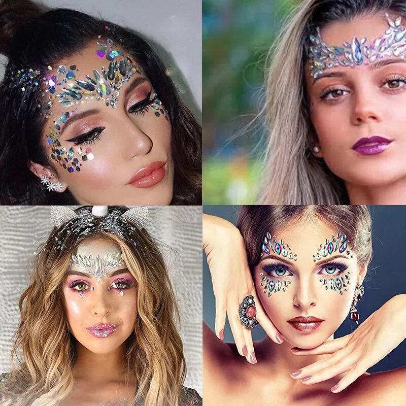 Jewels Face 3D Dia Tattoo Body Makeup Eyebrow Stickers Shiny Rhinestones Music Festival Decor Self Adhesive DIY Beauty smile