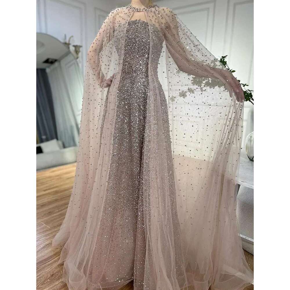 Customized Arabic Blue Saudi Evening Gown A E Elegant Cape Sleeves Beaded Dress For Formal Ocn LA legant mal L