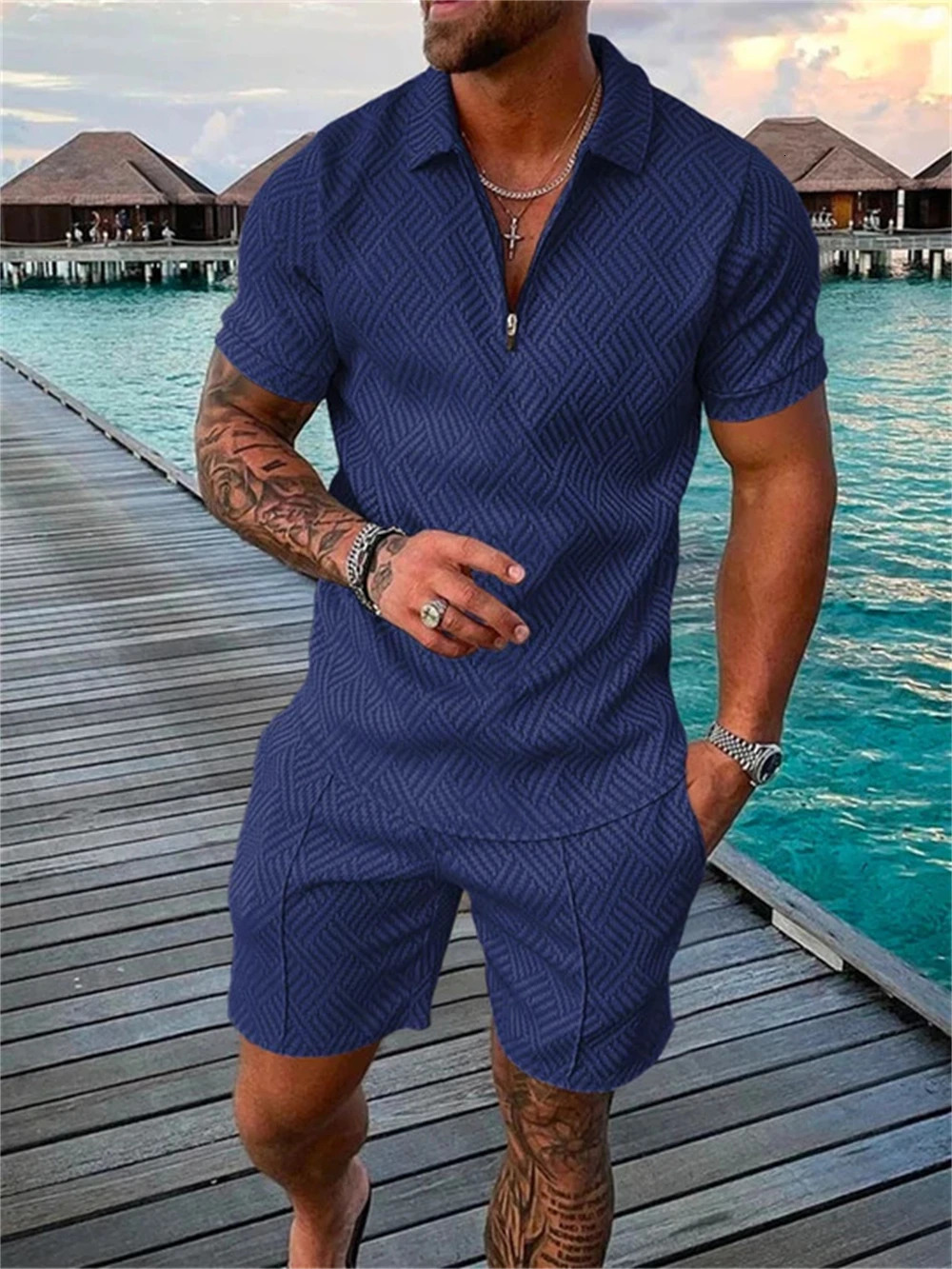 Summer Mens Shorts Set Short Sleeve Zip Polo Shirt Street Tshirt Two Piece Casual Sportswear 240409