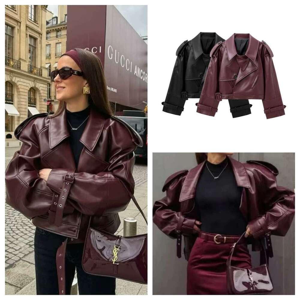 shanshi leather jacket women Women's autumn/winter fashion show silhouette shoulder motorcycle style lapel leather jacket