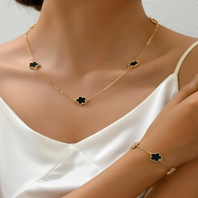 Colorful 2 Flower Pcs Necklace Bracelet Set New Design Copper Chain Gold Plating Jewelry Set Women's ddmysmile Temperament Gift Smile