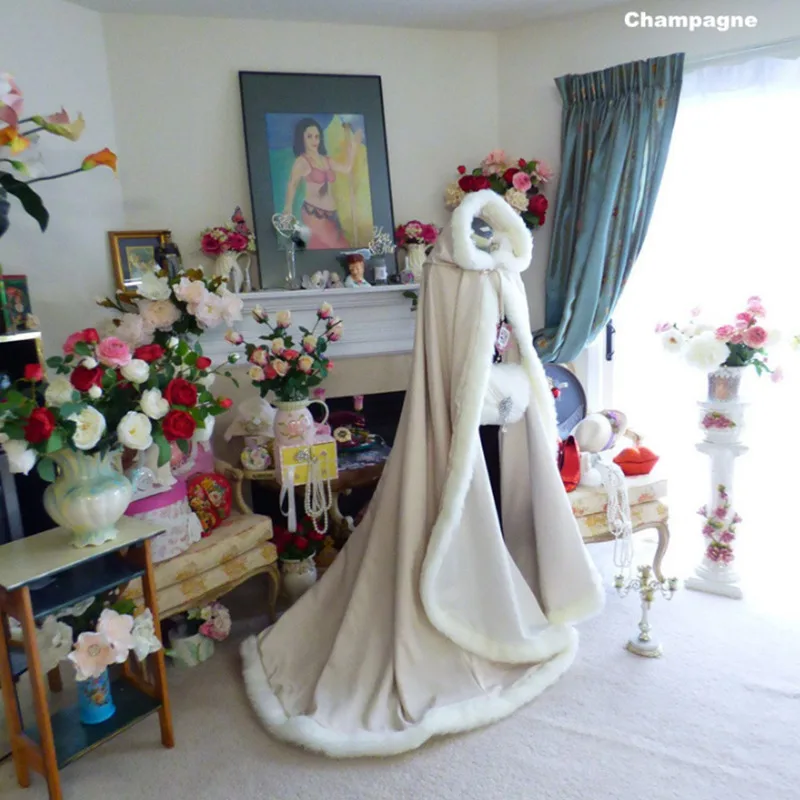 Cloak Fur Trim Satin Cape Shawl Winter Fur Coat Wraps Jackets With Hat Wraps Warm Newest ddmysmile Long Wedding Cloak Capes Smile