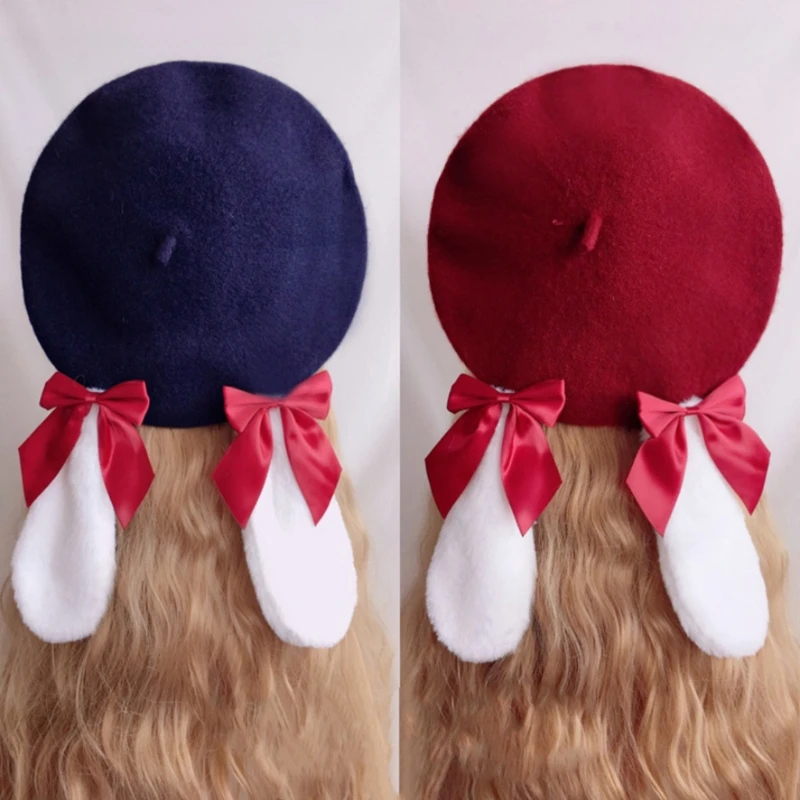 Rabbit Cute Ears Plush Women's Girl Beanie Beret Hat Warm Winter Bonnets Lolita ddmysmile Sweet Beret Hats Festival Props Smile