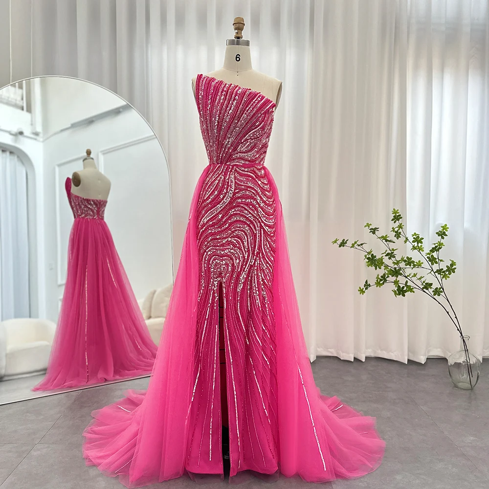 Sharon Said Luxury Dubai Fuchsia Evening Dress With Overskirt Scalloped High Slit Arabic Gown for Women