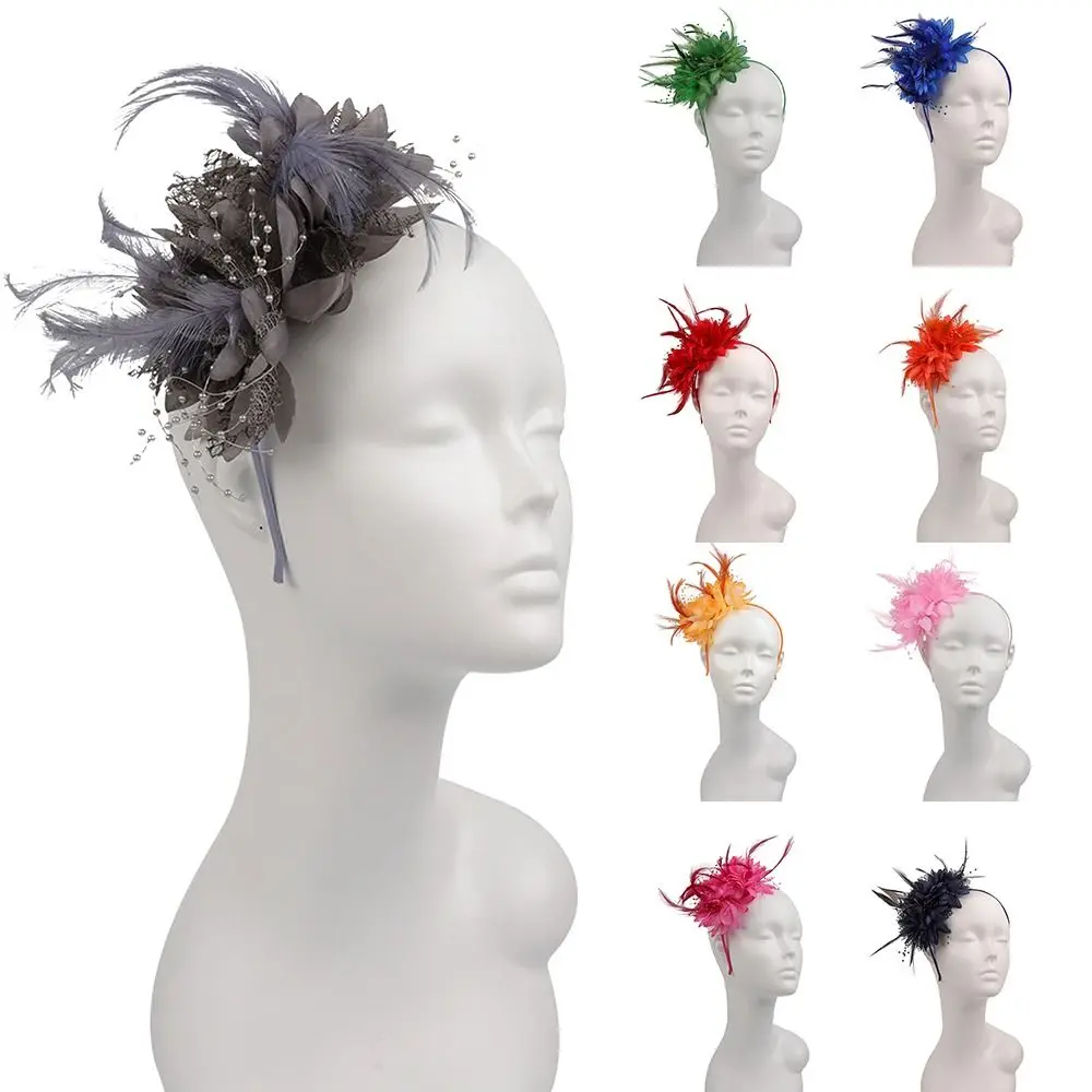 Elegant Fascinator Women Charming Hat Headband Flower Feather Mesh Yarn tail Party Wedding Hair Accessories for tail smile