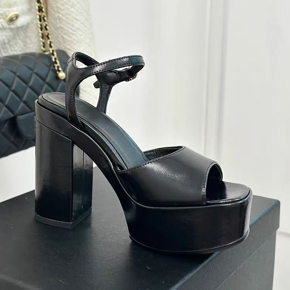 New Women's Chunky Heel Platform sandals Genuine Leather ankle strap Stud block column base Square Toes party evening shoes designer high heels 35-41 with box