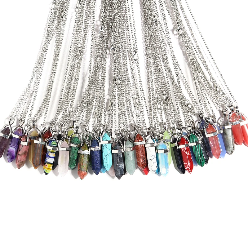 Hexagonal Natural ddmysmile Necklace Stone Bullet Necklaces Healing Crystal Quartz Lapis Bullet Pendulum Chakra Jewelry Chain Necklace Smile