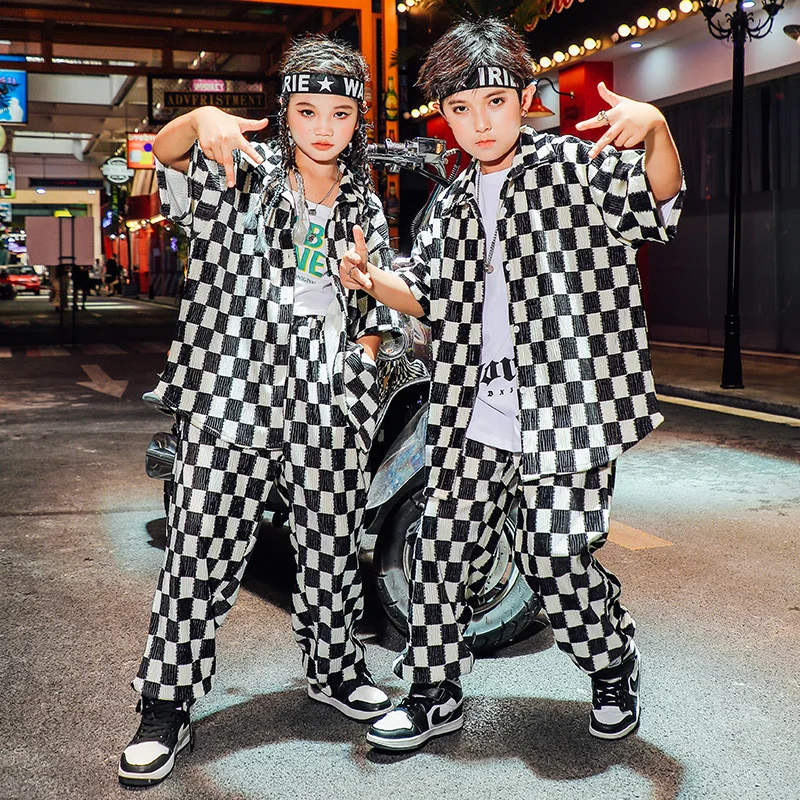 Clothing Hop Kid Hip Black Checkered Shirt Short Sleeve Top ddmysmile Streetwear Baggy Jogger Pants For Girl Boy Dance Costume Clothes Set Smile