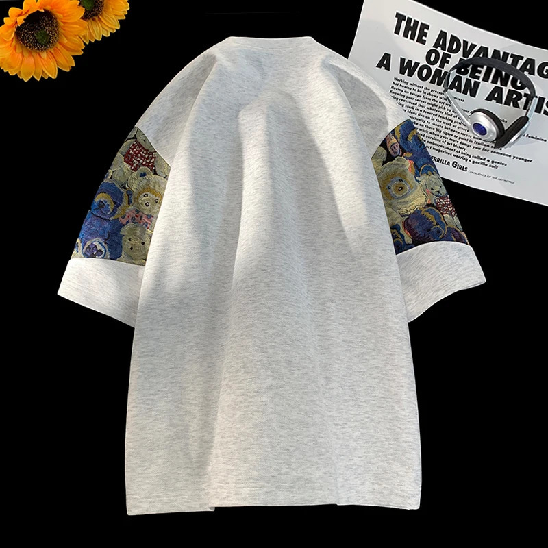 Trendy Bear Embroidery Tshirt Summer Big Size Men Fashion Splicing Tshirts Casual Seven Sleeve Man Women Tee Tops 240409
