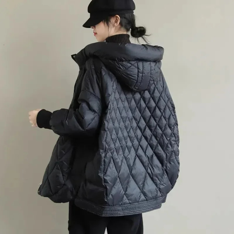 white duck down jacket womens hooded sweatshirt large diamond checkered art loose fit large-sized medium length jacket 241108