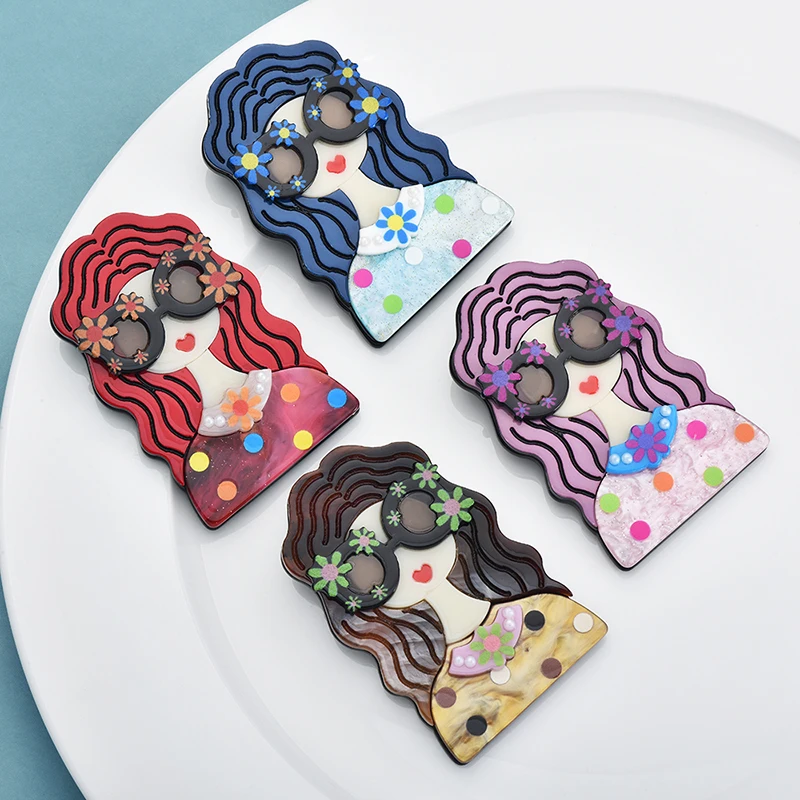Wuli&baby Acrylic Beautiful Lady Brooches For Women 4-color Wear Flower new Glasses Girl Figure Party Casual 2025 Brooch Pins Gifts