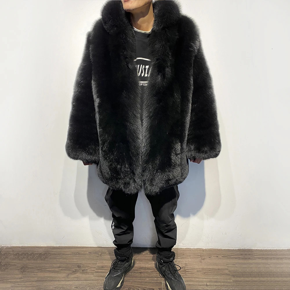 YOLOAgain Full Pelt Stand up Black Fox Fur Jakcet Mens Winter Warm Coat 241108
