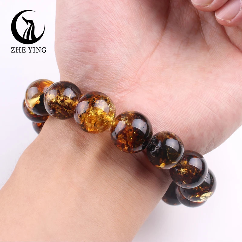 13-14mm large bead Piebald Amber natural bracelet round stone beads casual fashion womens and mens jewelry genuine Amber Anklet gift 241108