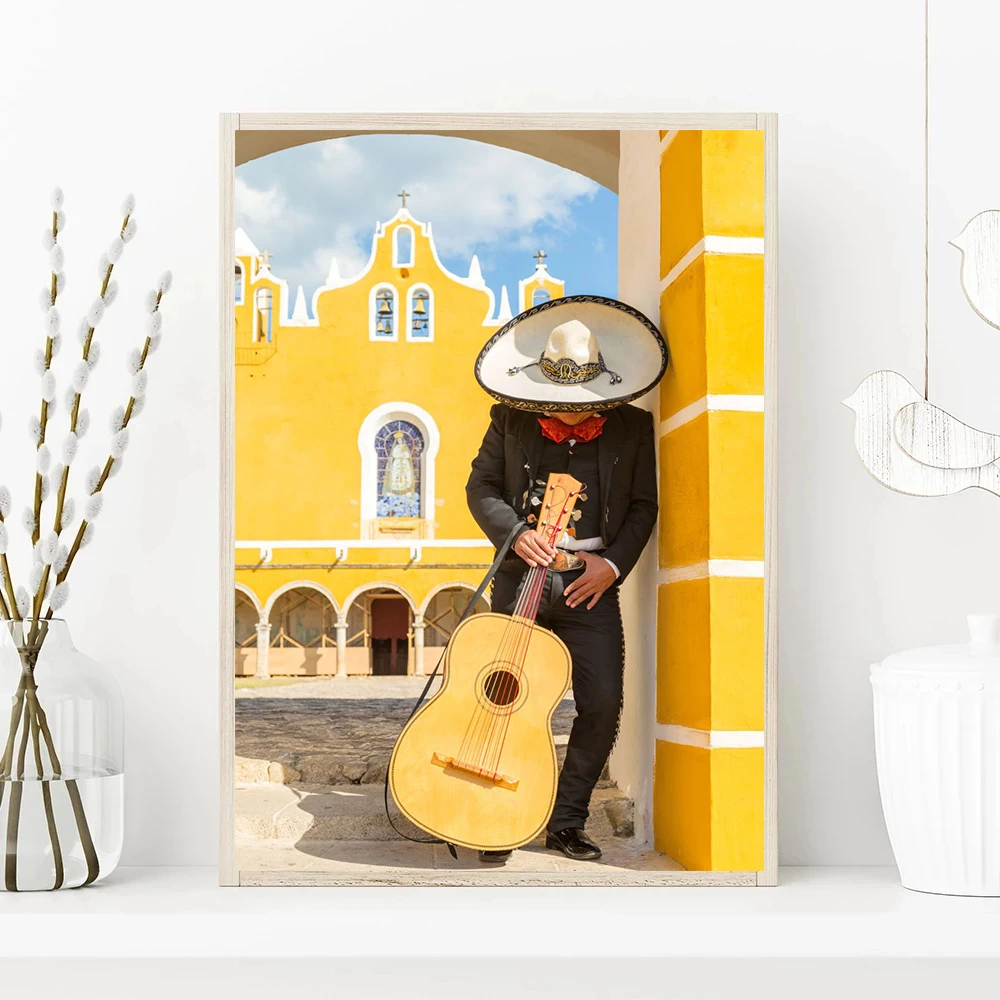 Woman Flower Mexican with Man Play Guitar Playing Saxophone Poster Cute Cat Canvas Painting for Living Room Home Decor Cuadros smile