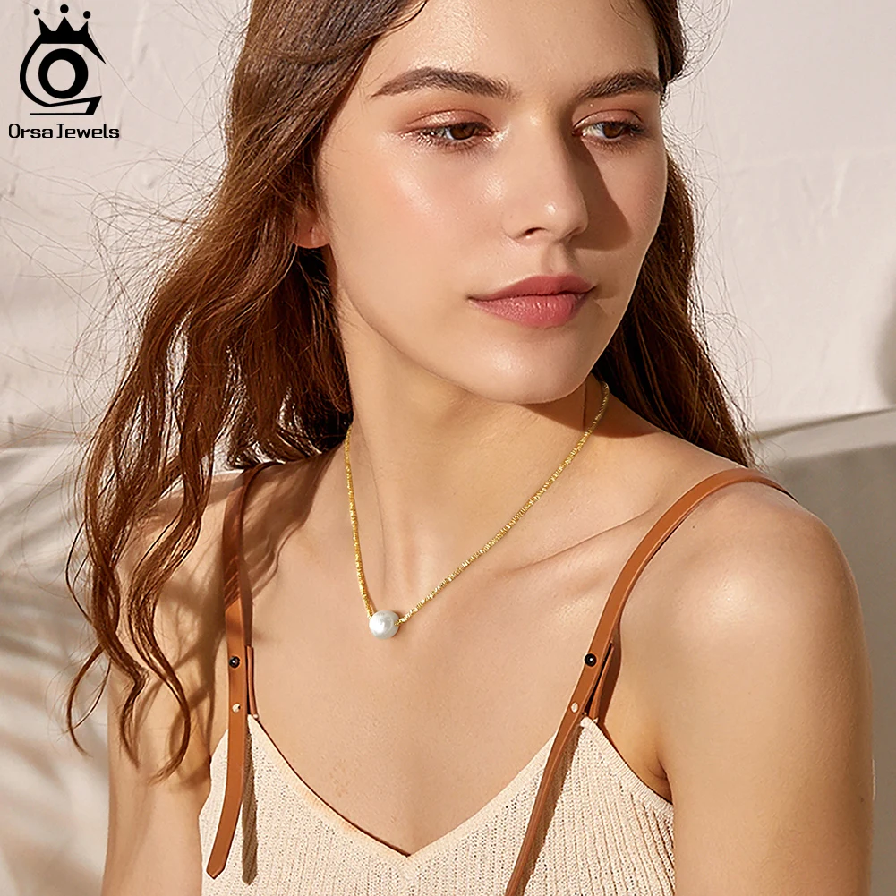 14K Gold JEWELS ORSA Sterling Sier Net Chain Necklace with Exquisite 11mm Freshwater Pearl for Women Jewelry GPN36 smile