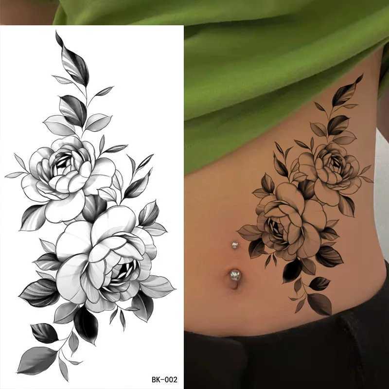 Large size black flower pattern fake tattoo sticker for women click rose peony temporary tattoo DIY water transfer tattoo for girls W250410