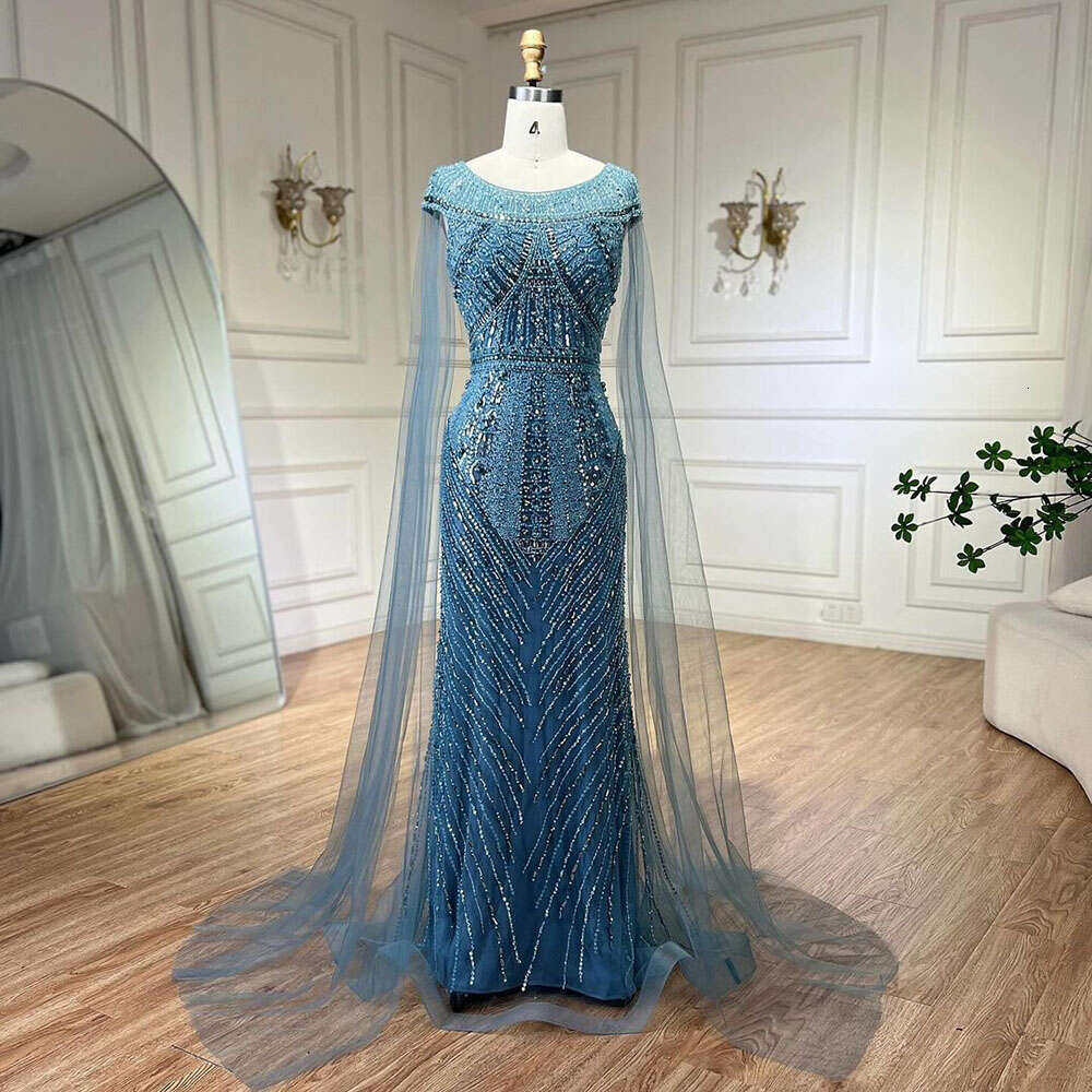 Arabic Serene Hill Black Mermaid Gown With Cape Sleeves And Beaded Evening Dresses For Party LA Customized