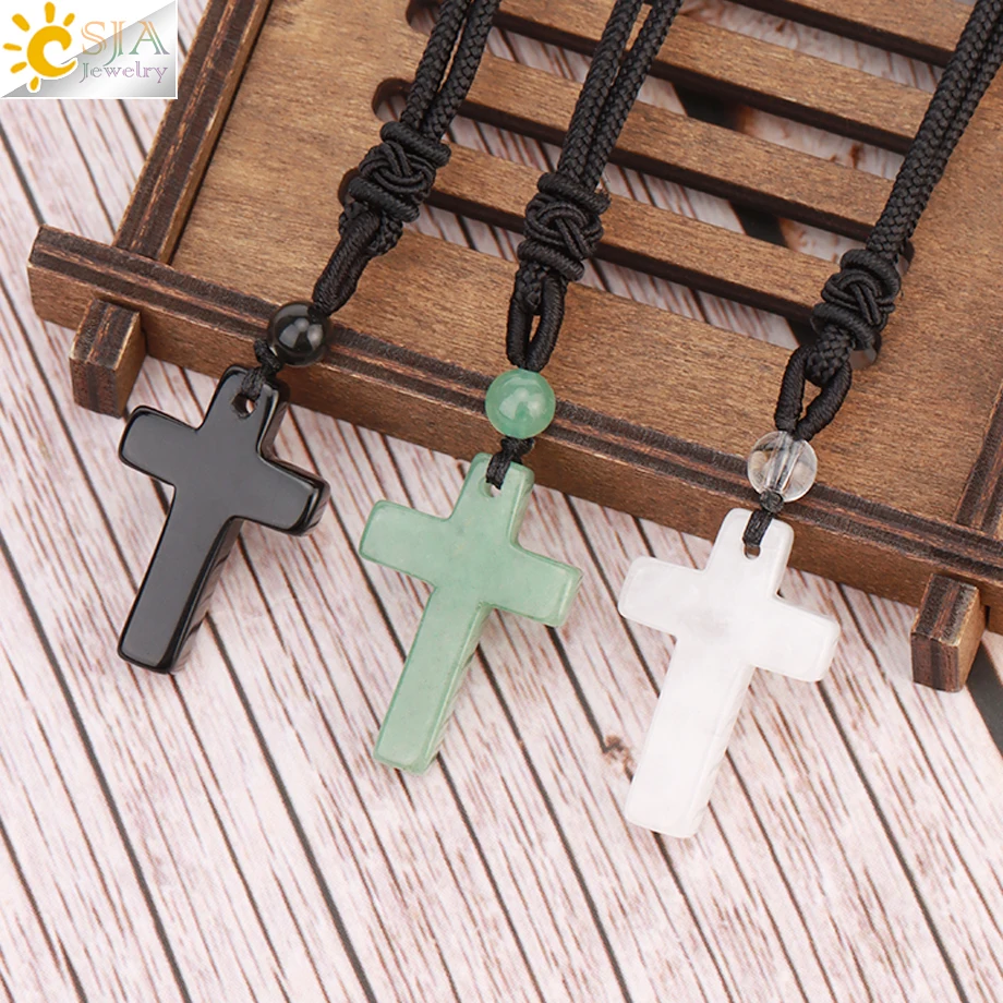Stone CSJA Cross Natural Pendant Necklace for Man Healing Tiger Eye Amethysts Crystal Necklaces for Women Jewelry Gift H254 smile