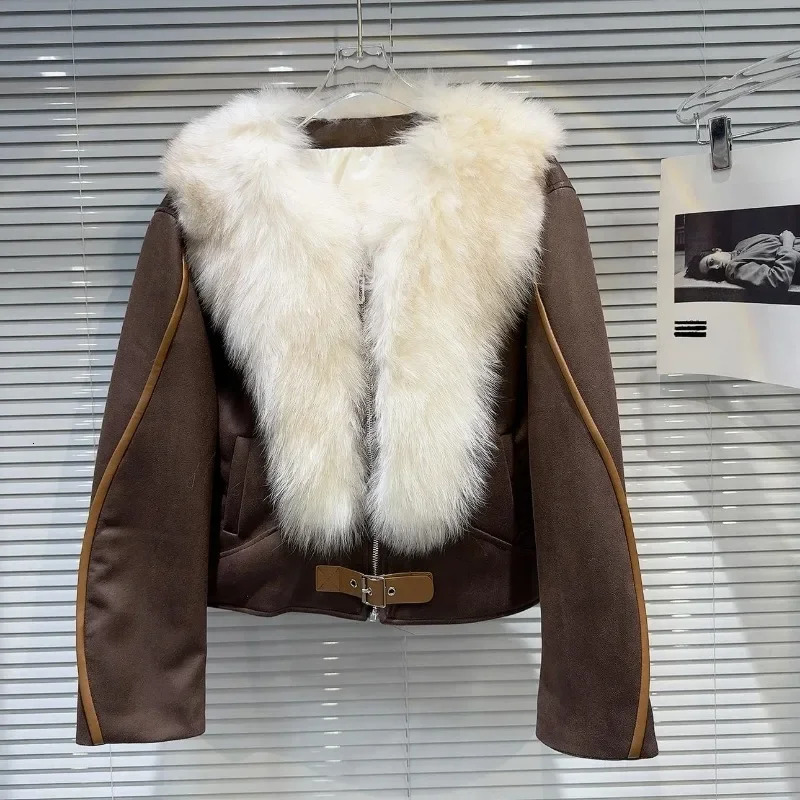 Winter Big Fox Fur Collar Suede Lining Leather Jacket Womens Clothing Long Sleeve Park Cotton Lining 241108