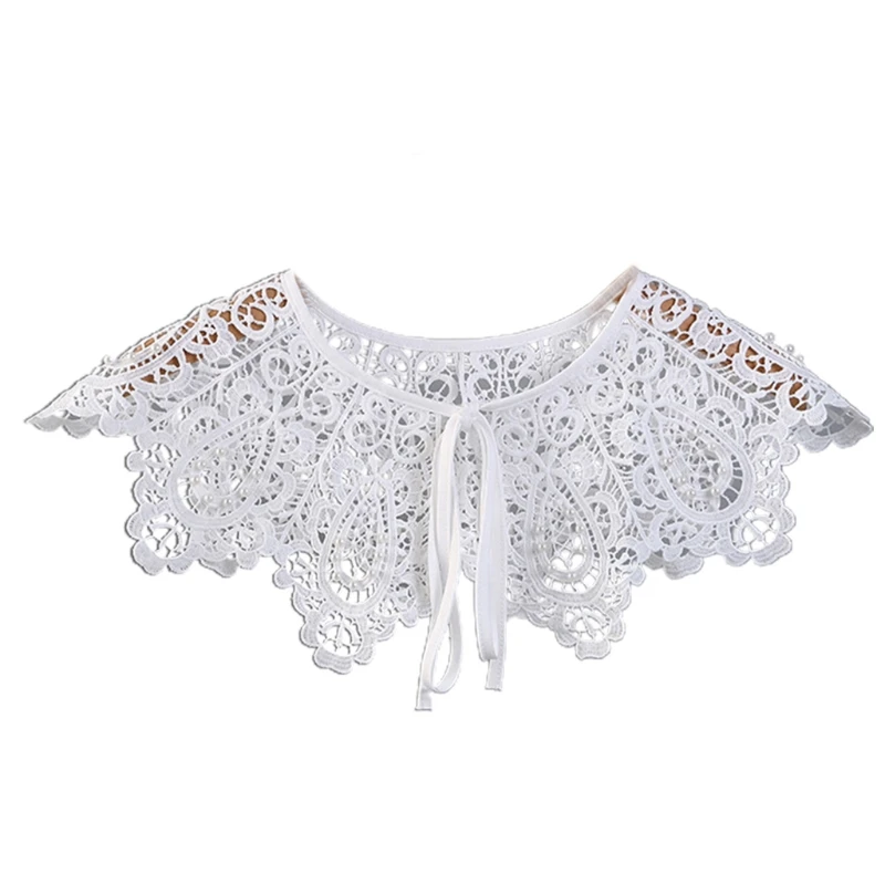 Out Women Crochet Hollow Lace Shawl Fake Collar Shiny ddmysmile Pearl Beaded Necklace Cape T8nb Smile