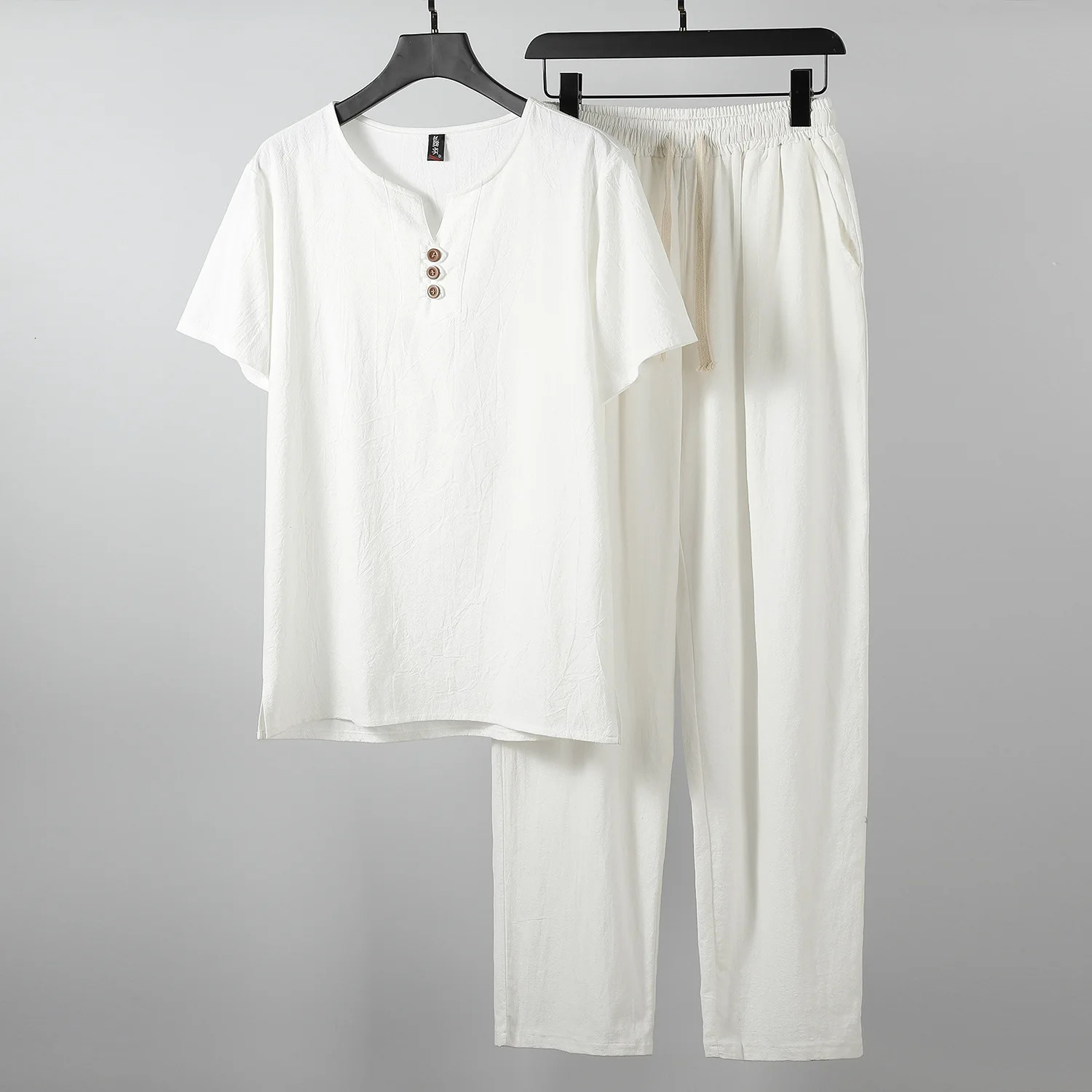 Large Size Mens Clothing Vintage Tracksuit Husband Summer White Home Suit Linen T Shirt Fashion Male Set Plus M9XL 240409