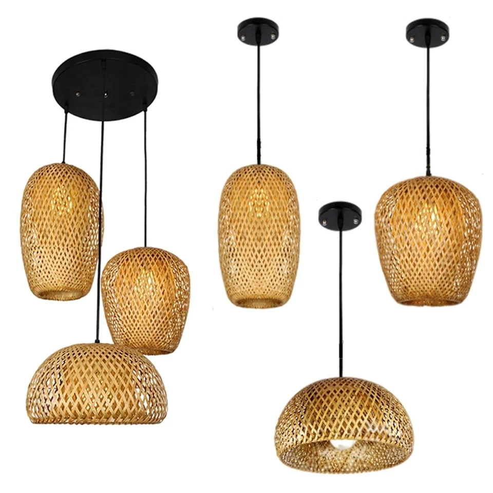 Bamboo Lantern Pendant Lamp Retro Restaurant Hanging Light Hand-Woven Lampshades E27 Lighting Fixtures Wooden Chandeliers Room smile
