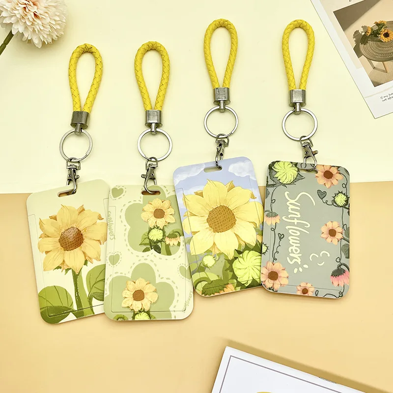 Simple Women Girl Flowers Credit Card ID Bus Card Holder Bags with Lanyard Student Identity Badge Card Cover with Neck Strap Bag smile