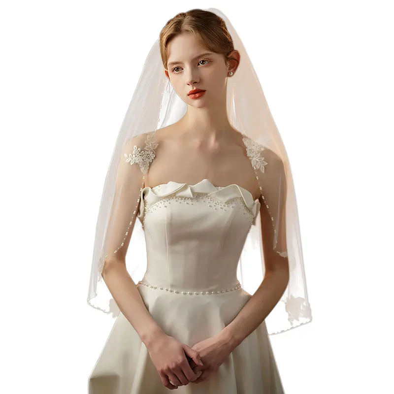 Exquisite Bridal V752 Wedding Veil One-Layer Tulle ddmysmile Lace Appliqued Handmade Beading Edge White Brides Veil Smile