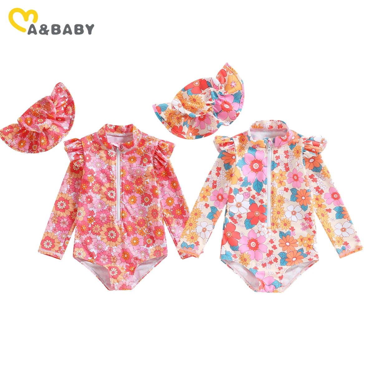 Toddler Kid 0-3Y ma&baby Infant Baby Girl Swimsuit Long Sleeve Floral Print Swimwear Summer Beachwear Bathing Suit + Hat smile +