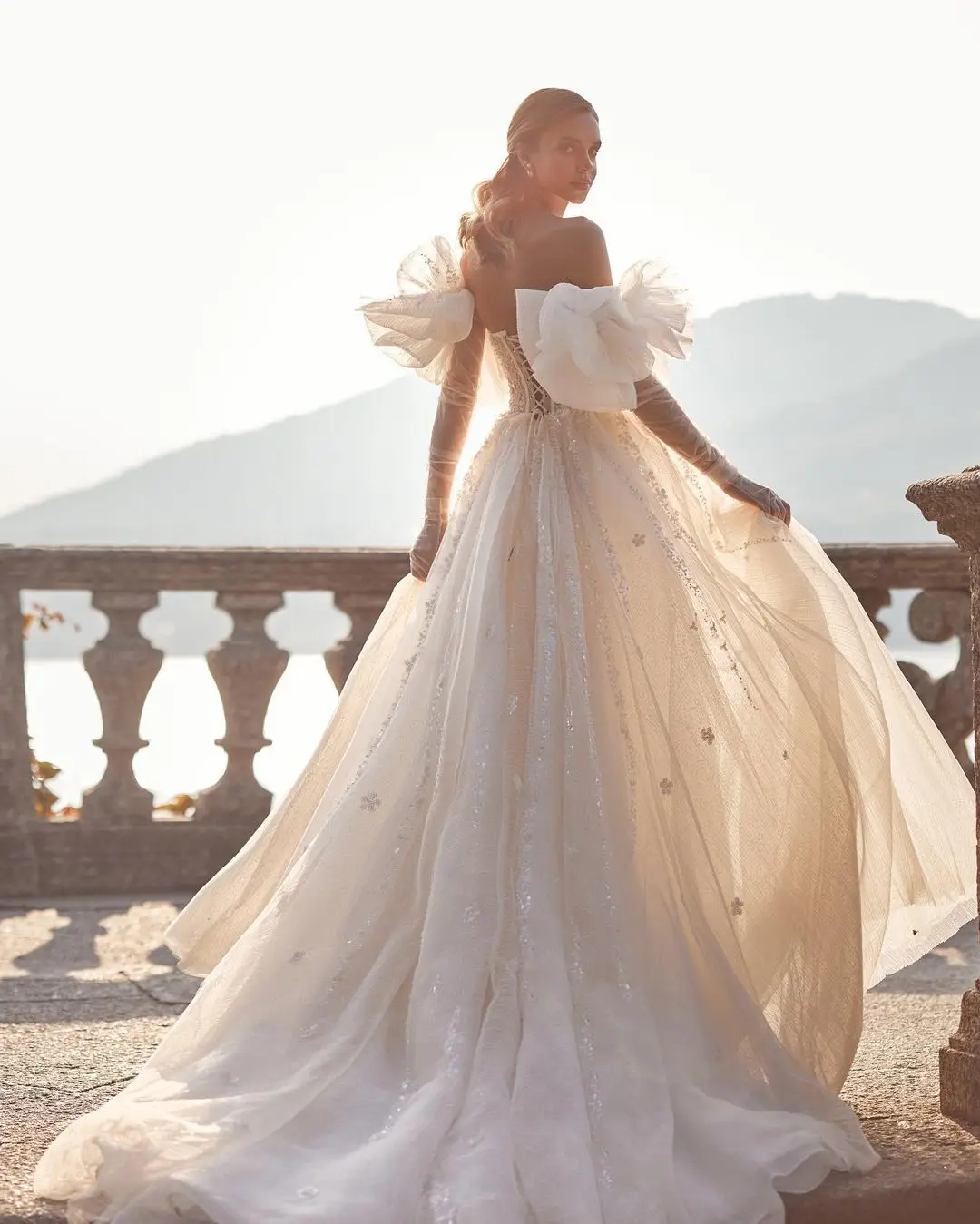 A Verngo Line Glitter 2023 A Line Wedding Dresses Sweetheart Removable Puff Long Sleeves Shiny ddmysmile Bridal Gowns Robe De Mariage Smile