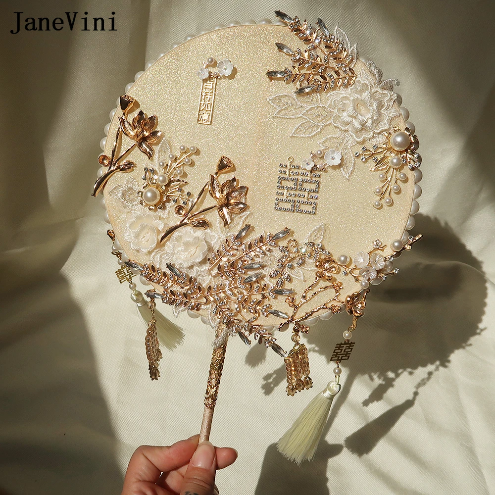 ddmysmile Gold Pearls Janevini Beaded Wedding Fan Lace Flowers Chinese Bridal Hand Fan Ancient Tassel Bride Bouquet De Mariage Smile